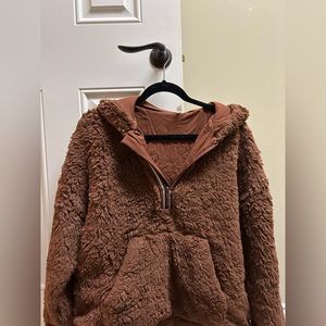 Brown free people movement quarter zip fur hoodie, super cute